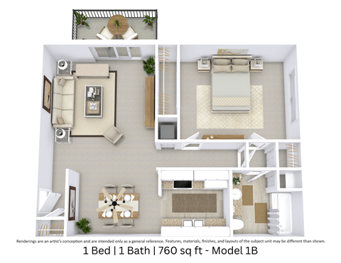 Floor plan for 1 bed, 1 bath, 760 sqft